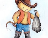Nursery, children's room decor, boy, girl,  puss in boots, storybook, kitten, original illustration