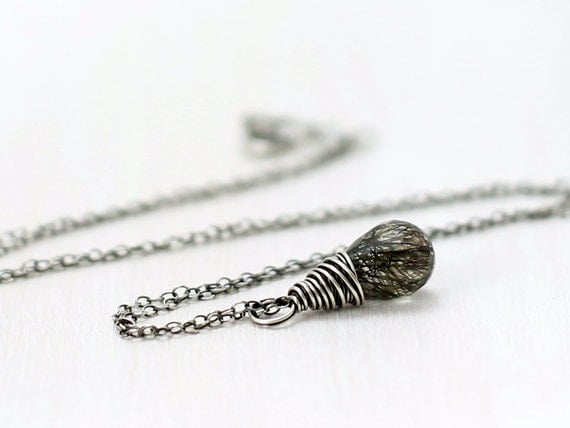 Tourmalinated Quartz Necklace, Oxidized Sterling Silver Wire Wrapped Black Rutilated Quartz Pendant Necklace
