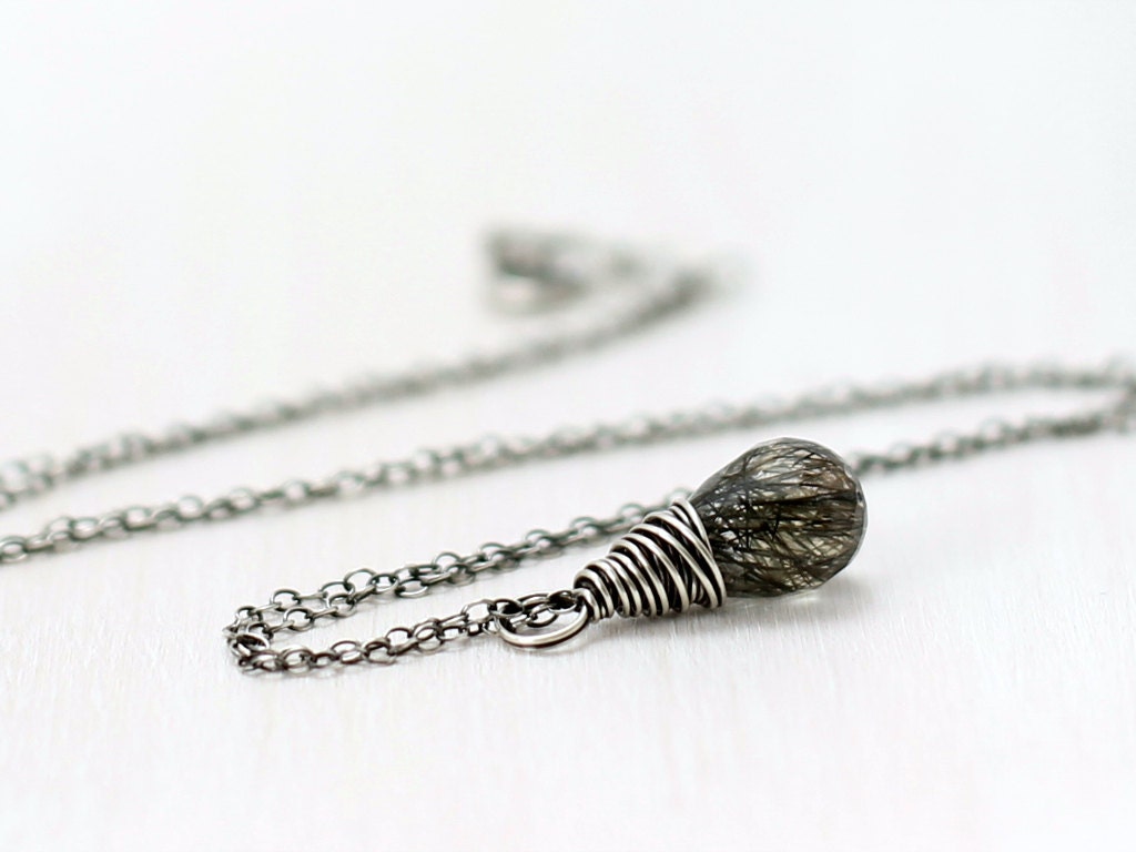 Tourmalinated Quartz Necklace, Oxidized Sterling Silver Wire Wrapped Black Rutilated Quartz Pendant Necklace