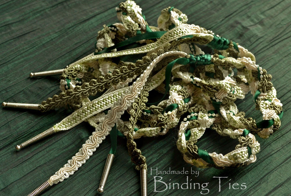 Braided belt for Handfasting renaissance medieval gown, custom made in greens creams and ivory