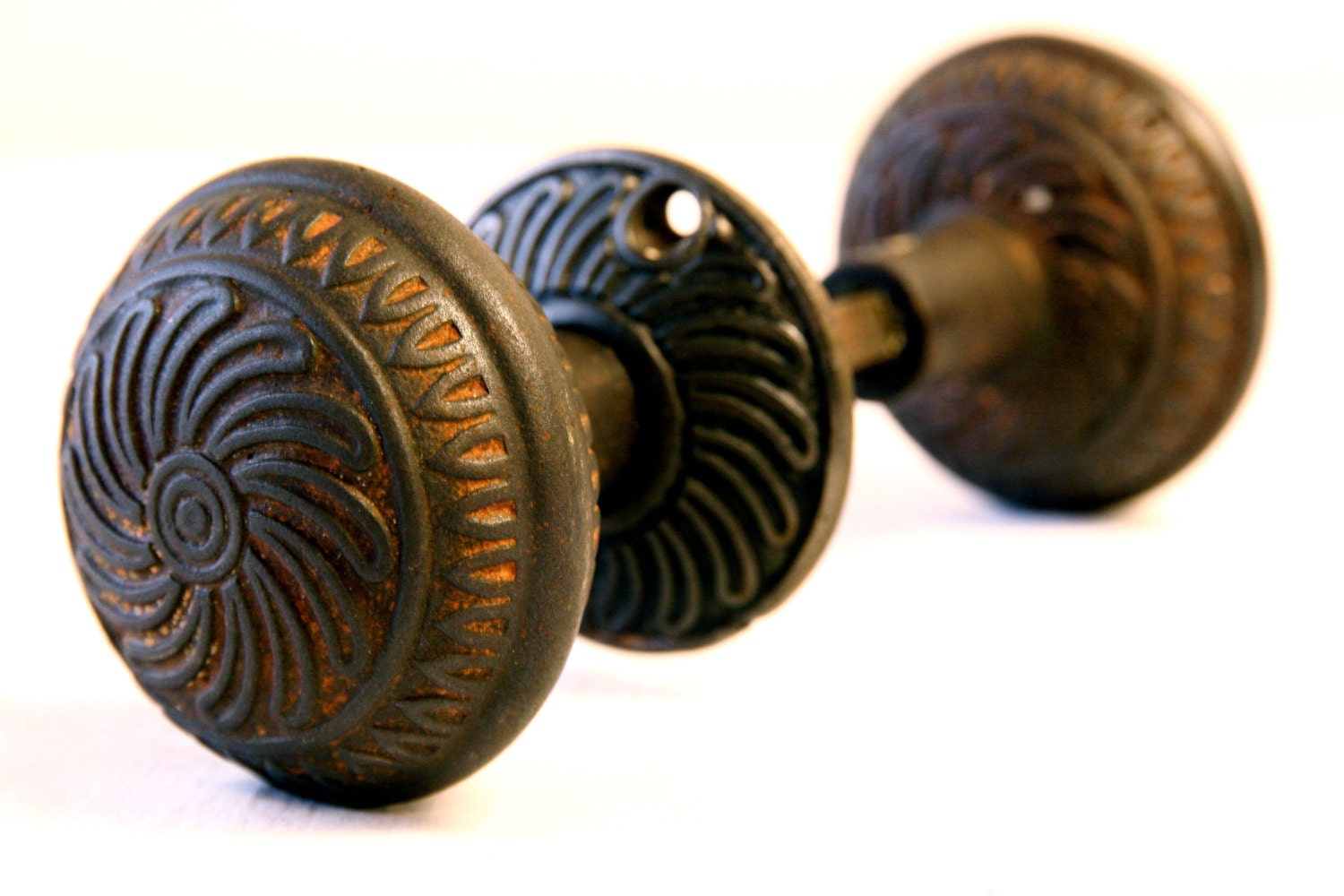 Unique Cast Iron Door Knob Set with Rosette - Swirly Loops - Antique Hardware