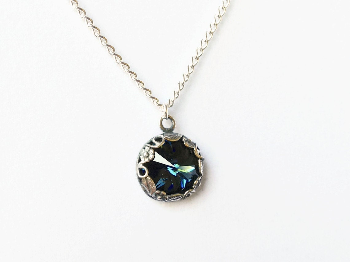 Montana Blue Swarovski Crystal Necklace with Silver Flower & Leaves Frame