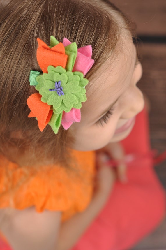 Triple Felt Bow Clippie with Dragonfly Accent
