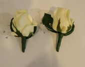 White real touch rose boutonnieres, two wedding boutonnieres, rhinestone, destination wedding, groom groomsmen father