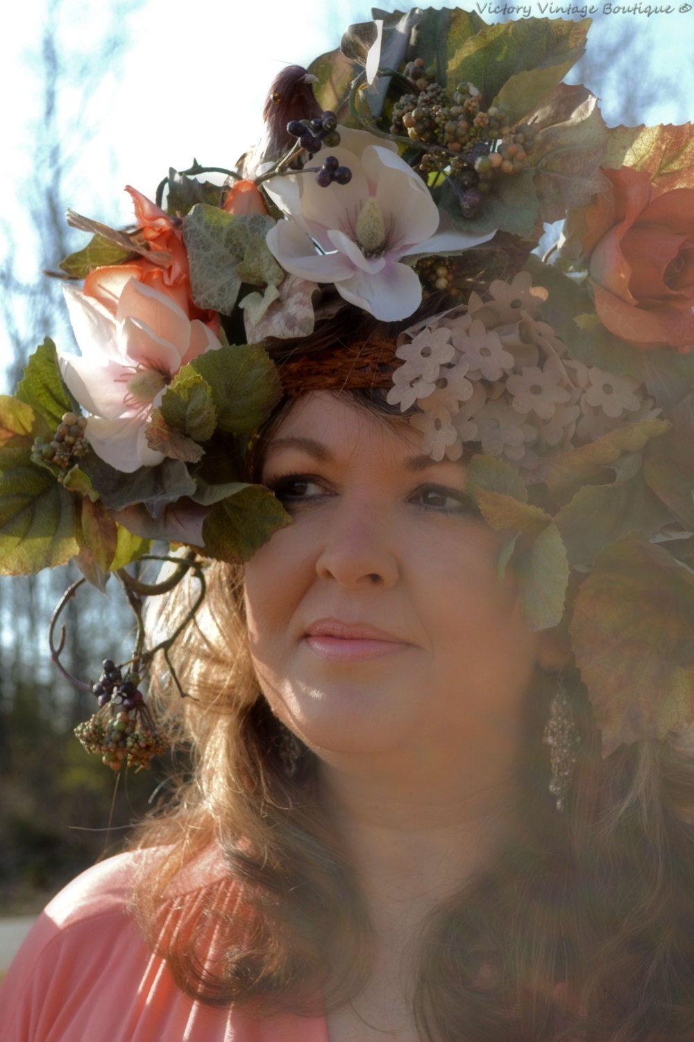 Art Nouveau earth floral garland headpiece headdress hair crown hat  fantasy maiden headpiece hat hair accessories