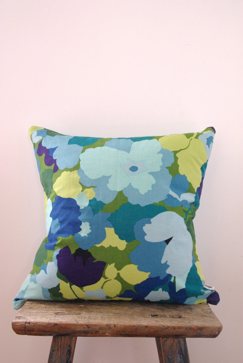 CAMO FLOWER - cushion cover designer vintage fabric green , blue, mint throw pillow with ICE blue Warwick reverse 50 x 50cm or 20" x 20"