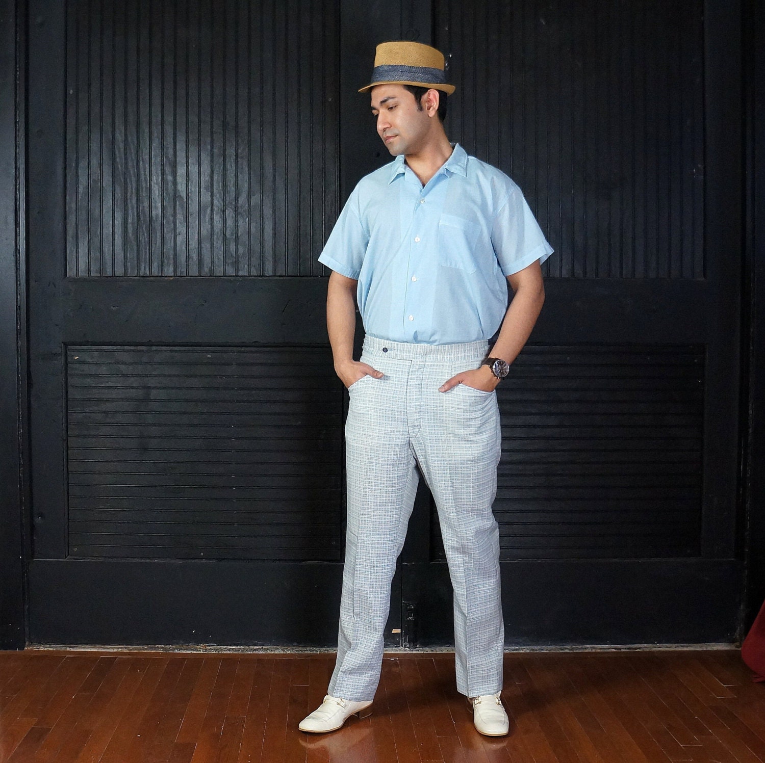 60s Light Blue Plaid Preppy Mens Trousers- Casual Spring Slacks- Sky Blue Golf Pants-