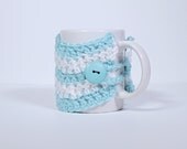 Chevron Mug Cozy - crochet mug cozy - turquoise and white chevron
