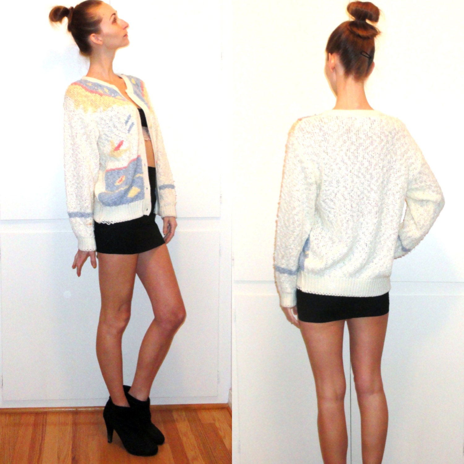 SALE Adorable ivory button up cardigan with pastel print S