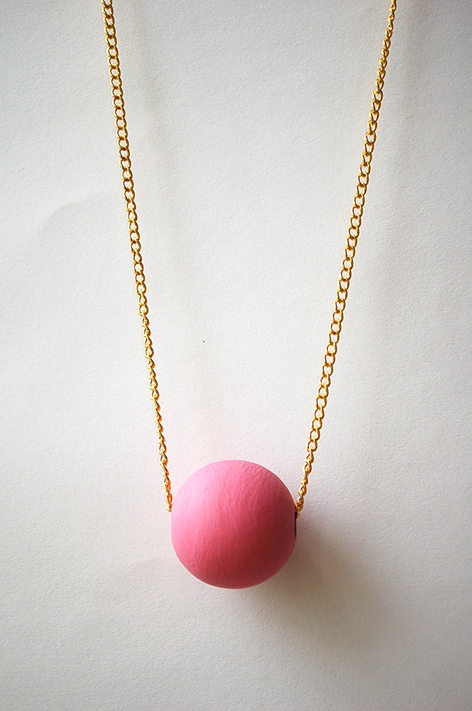 Simple hand painted berry pink wooden bead 'Orb' necklace handmade gold pendent summer pastel minimalist