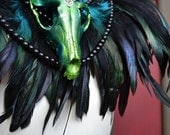 Feathered Faux Fox skull collar in vibrant metallic Turquoise Mortiis.M