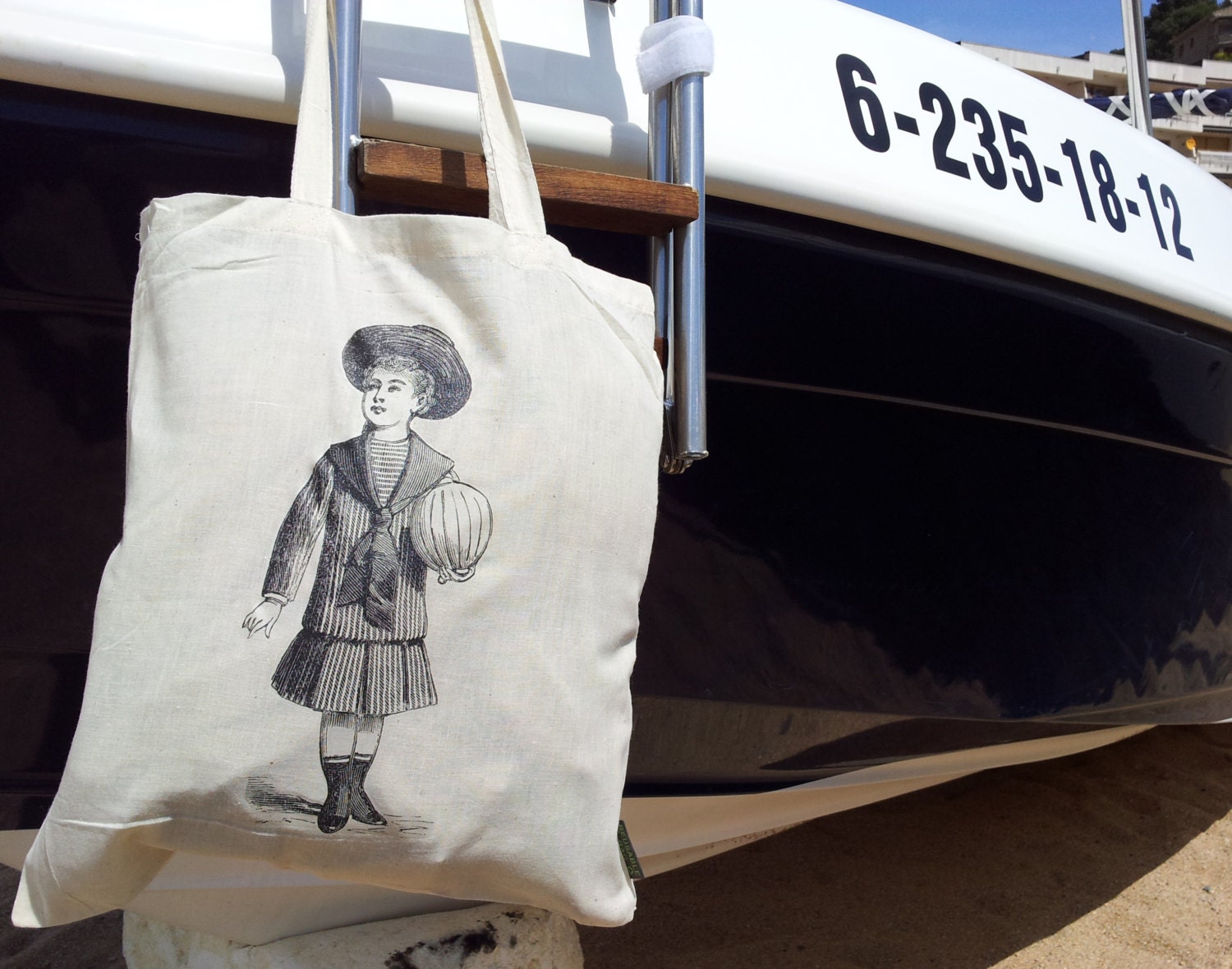 Lightweight 100% Cotton Tote Bag Natural Color with vintage girl print