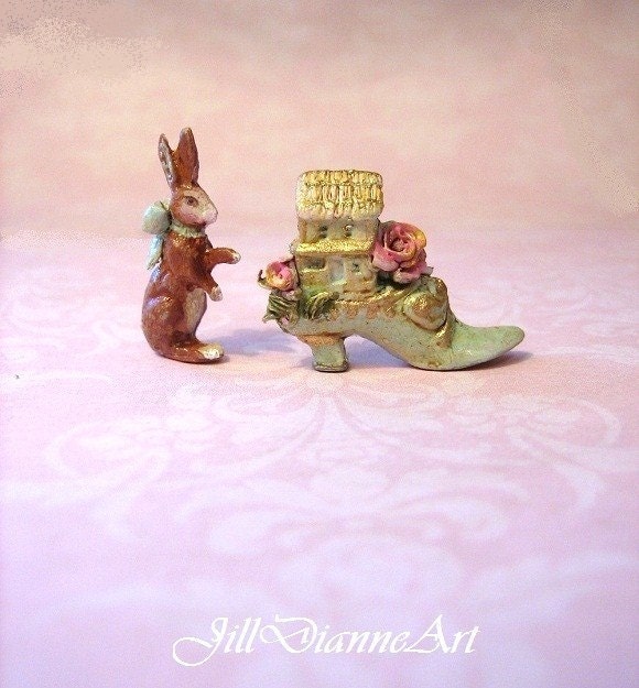 Tiny  Old Woman Who Lived in A French Shoe -  Little Village in the Rose Garden Toy Collection - Dollhouse or Miniature Art - Jill Dianne