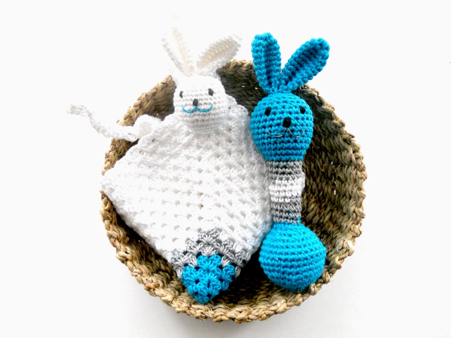 Crochet Baby gift set Teething toy and Comfort blanket Baby girl boy shower gift Crochet rabbit Bunny toy Organic teething toy