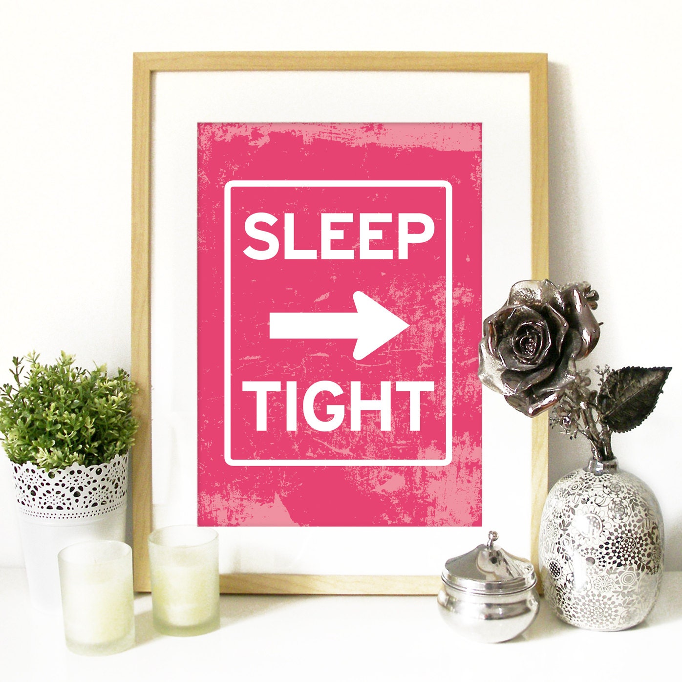 Baby Nursery Print Typography Art inspired in Road Signs in Pink - SLEEP TIGHT with arrow - baby nursery Poster - A3 Poster - nursery room