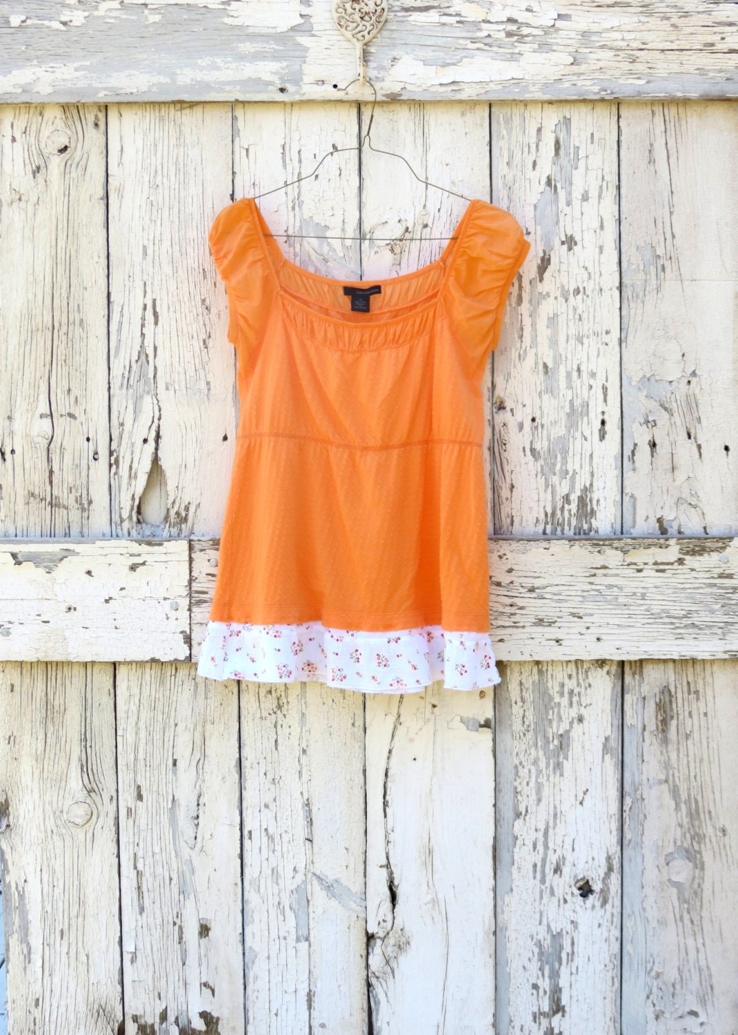 Orange Crush Boho Babydoll Top upcycled tangerine empire waist romantic shabby chic tunic shirt