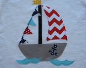 Boys Appliqued T-Shirt or Onesie Chevron Sail Boat and Flags Aqua Light Blue Navy Anchor All Handmade Adorable Summer Look