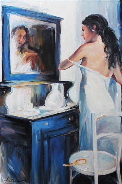 Morning Reflection Woman Study Oil on Canvas Painting Figurative Home Decor Art