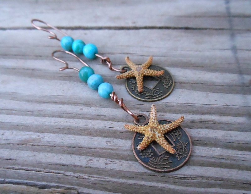 Starfish Earrings -  Brass Charm Earrings - Nautical and Beach Earrings - Blue Beads - Handmade Jewelry