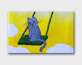 Gray cat original tiny small painting/ Animal art on canvas 4x6/ Cute kitty on swing / Yellow sky / Nursery painting for children Home decor