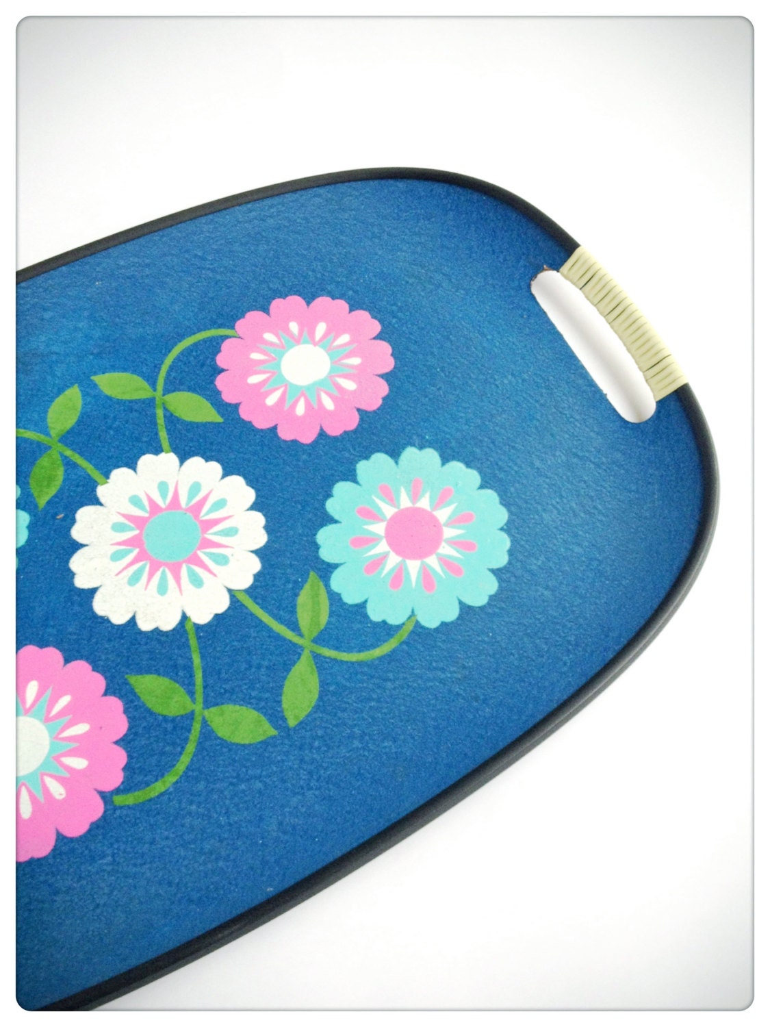 Retro Blue Serving Tray w/ Turquoise, Pink & White Flowers