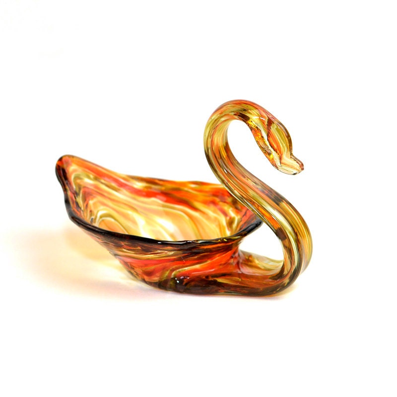 Swan Amber Glass Art Figurine - Gorgeous Fire Orange & Yellow Swirled, Hand Blown Sculpture - Vintage Home Decor or Gift