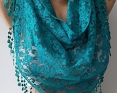 NEW- Mothers Day Gift Turquoise- Lace Shawl/ Scarf - Headband with Lace Edge