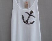 Women's Floral Anchor Top Handmade White Cotton Tunic Vest Tank Singlet Top