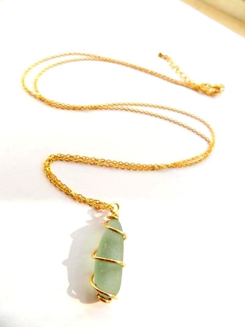 Long Necklace Light Green Light Blue Genuine Seaglass Wire Wrapped Pendant Golden Chain Boho Beach