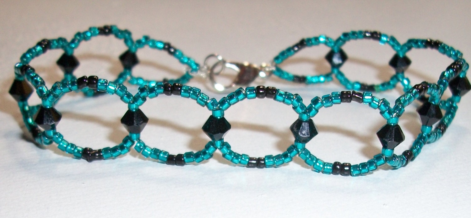 SALE Black crystal bracelet, teal beaded jewelry