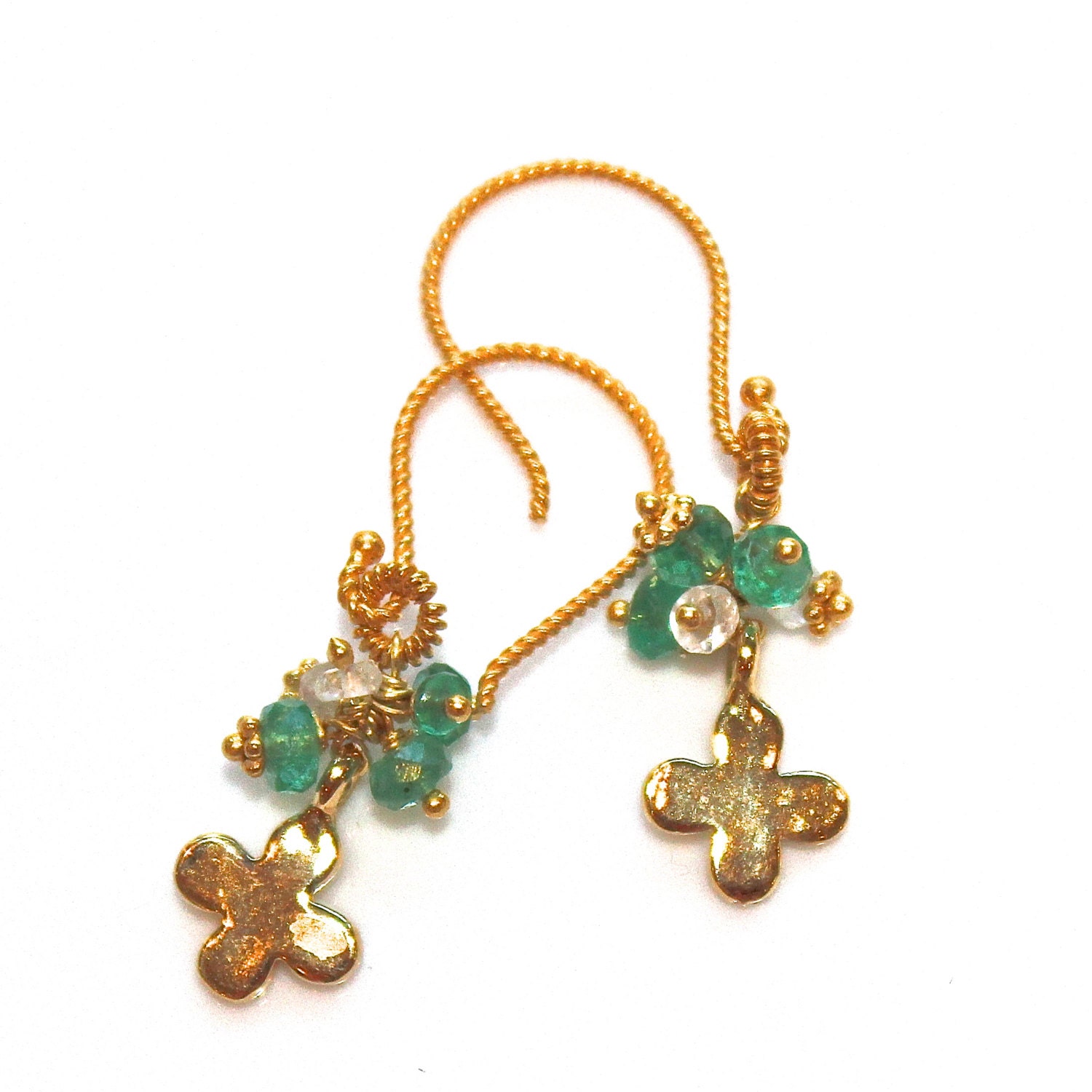 Four Leaf Clover Earrings Emerald Shamrock Earrings Topaz Quatrefoil Gold Dangles
