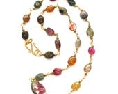 Rustic Watermelon Tourmaline Slice Necklace Rainbow Tourmaline Station Necklace Gemstone Jewelry