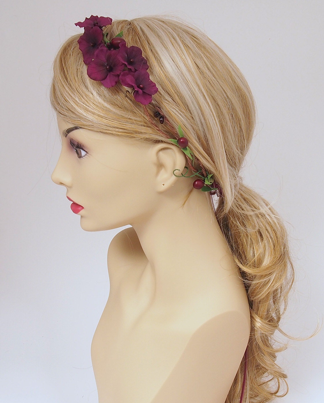 Floral Headband Flower Crown Wreath Circlet - Rustic Twining Branches, Berries & Violets - Bohemian Woodland Wedding, Summer Festivals