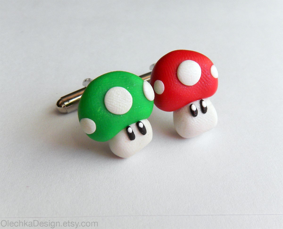 Mushroom Cufflinks, Nintendo Mario, One Pair, Red Green, Mix-and-Match