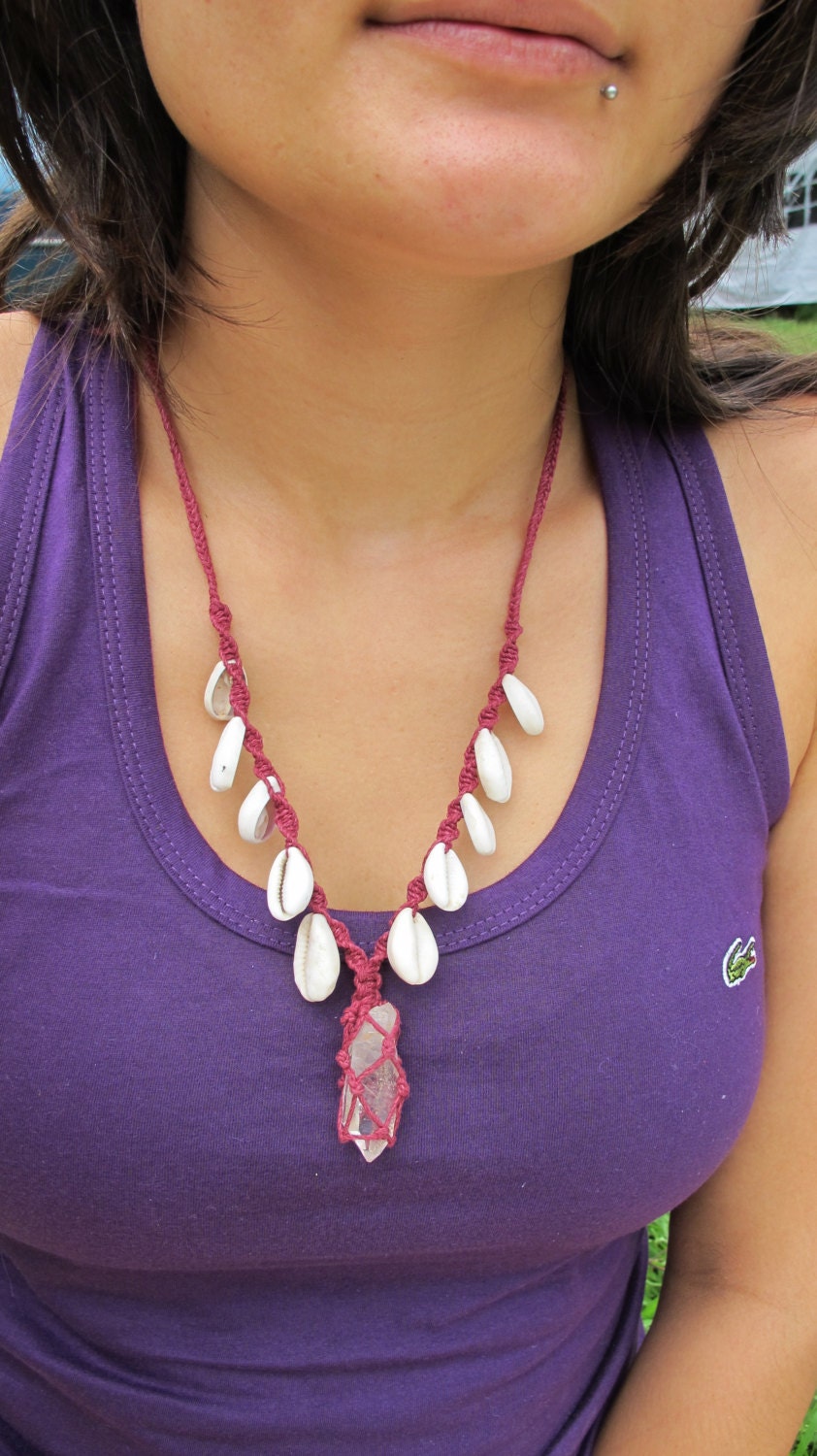 handmade macrame crystal quartz and shell beads with maroon hemp thread unisex OOAK