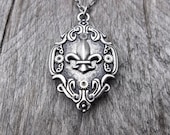 The "Hugo's Silent Tragédie" Clockpunk Steampunk Reversible Necklace, Stainless Steel Watch Movement & Fleur de lis Pendant on Cable Link Ch