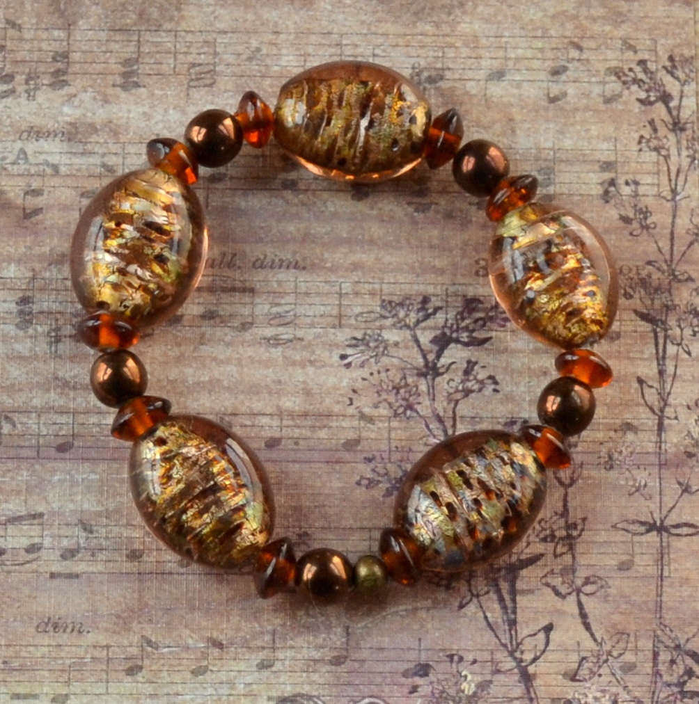 Amber Brown Chunky Beaded Stretch Bracelet Large Foil Lined Glass Beads Czech Bronze Earth Tones India Elastic Fashion Jewelry Free Shipping