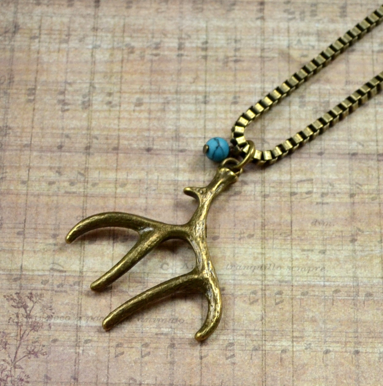 Deer Antler Pendant Boho Antique Bronze Rustic Heavy Box Chain Turquoise Bohemian Elk Horn Long Necklace Fashion Jewelry Free Shipping