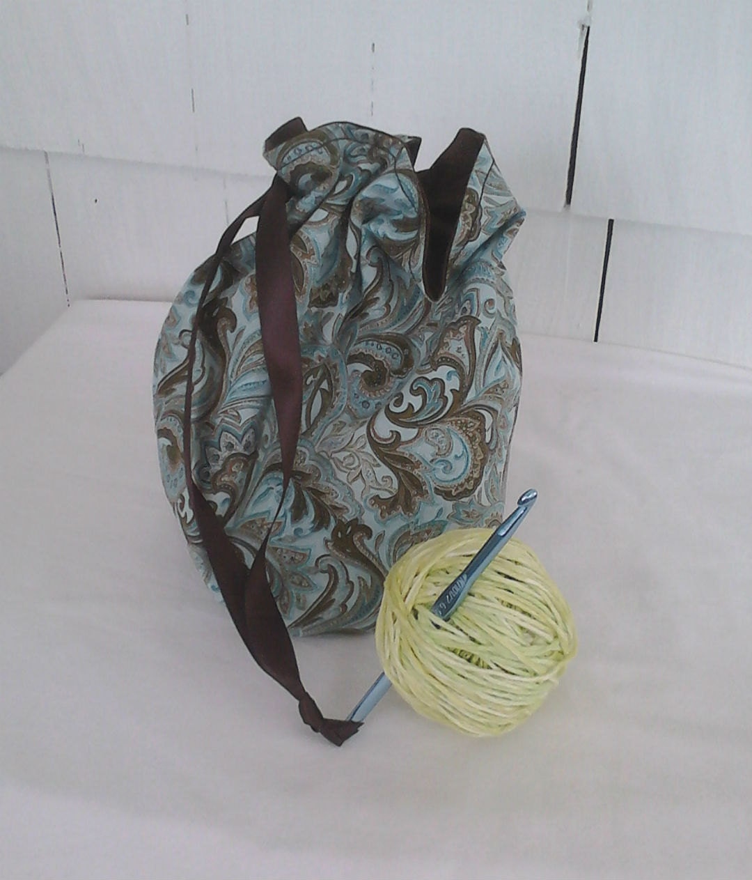 Drawstring Knitting Project Bag - small project bag - Blue Brown Scroll print