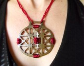Crystal Power Medallion Necklace - Copper Sacred Geometry Pendant - Double Terminated Tibetan Quartz - Red Wire Wrapping & Beadwork - Amulet