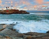 Fine Art Nubble Lighthouse Photo Print Sunset Surf Rocks York Maine Cape Neddick Coastal Chic Home Decor