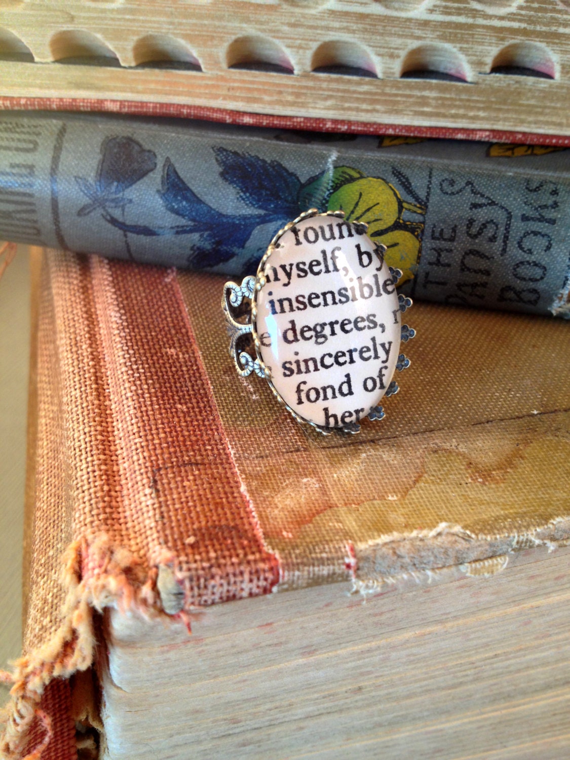 Sense and Sensibility Jane Austen Antiqued Bronze Book Page Literature Ring I found myself by insensible degrees sincerely fond of her