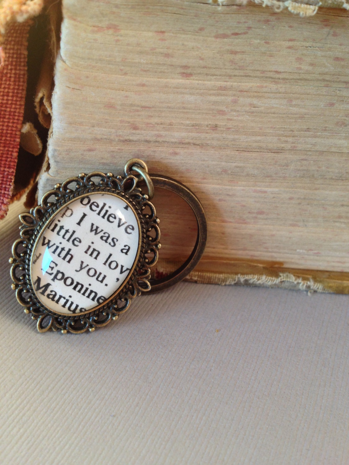 Les Miserables Eponine and Marius by Victor Hugo Antiqued Bronze Book Page Key Ring or Keychain