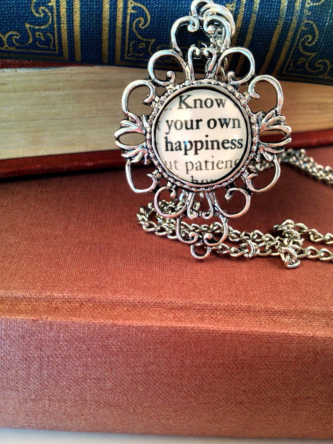 Sense and Sensibility Jane Austen Antiqued Silver Book Page Literature Book Quote Necklace Know your own happiness