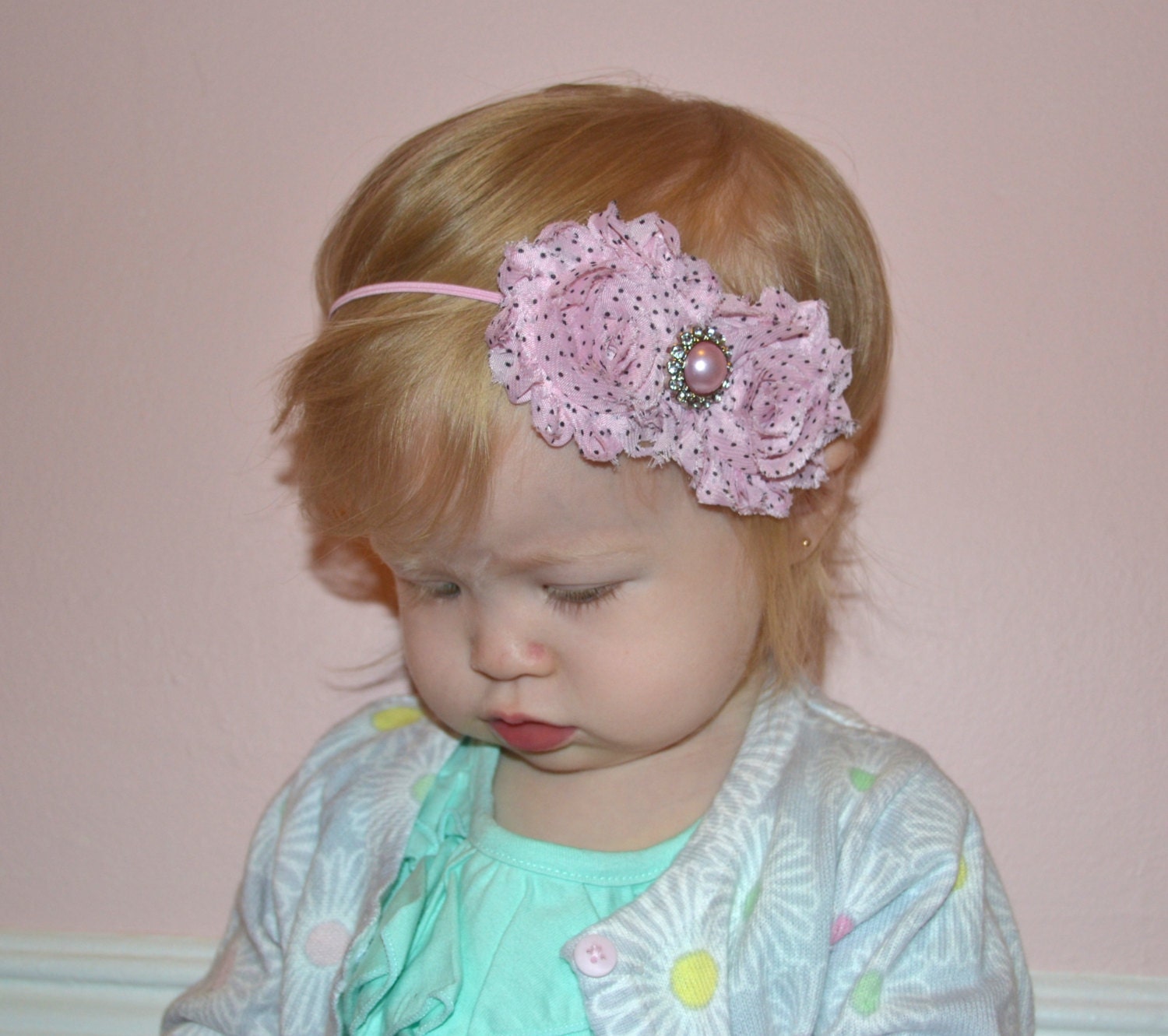 20% Off Entire Order, Pink with Polka Dots Shabby Flowers Headband, Newborn Headband, Toddler Headband, Baby Girl Photo Prop.