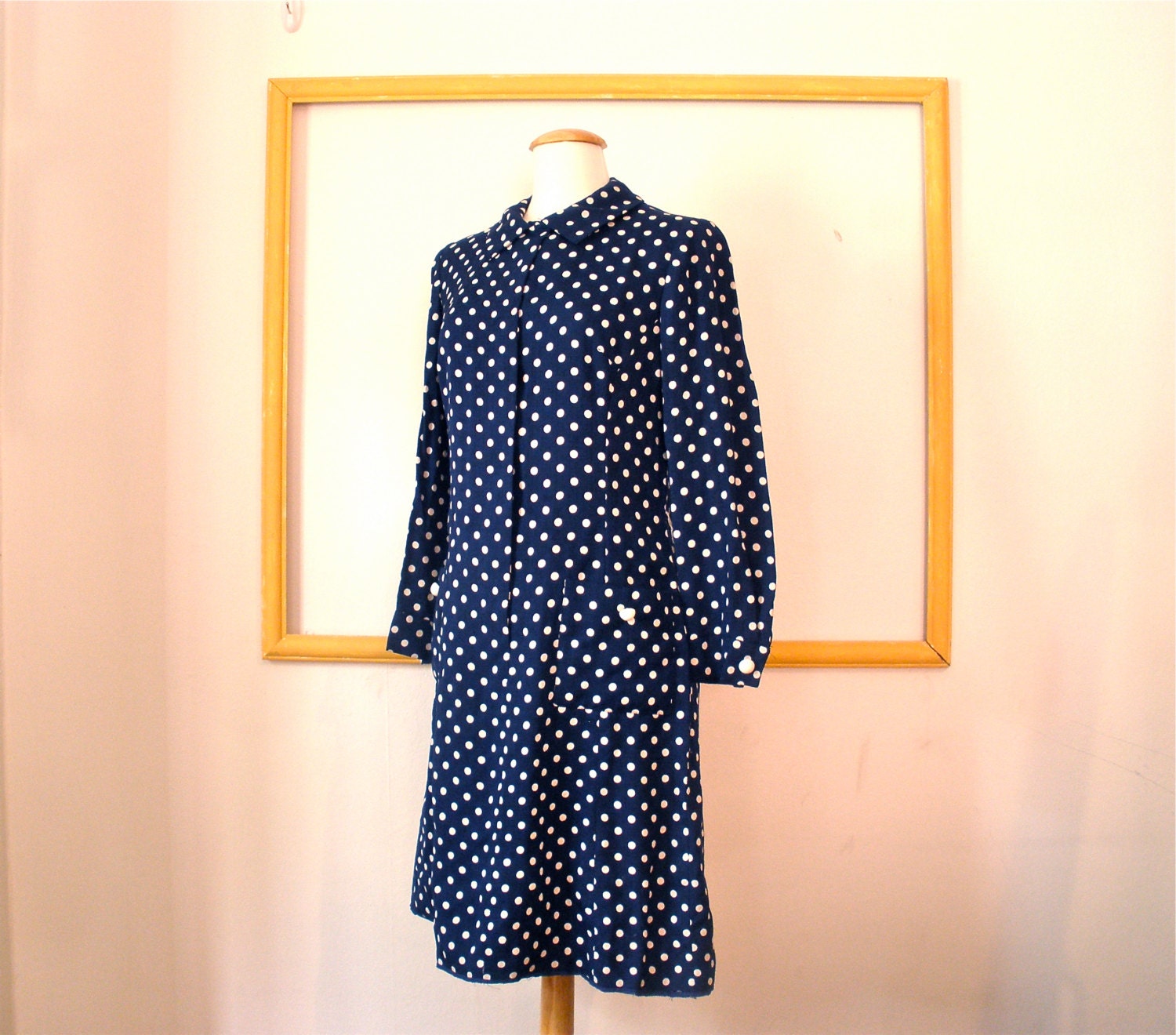 Vintage Saks Fifth Avenue Mod Mini Polka Dot Shift Dress in Navy with Long Sleeves, 60s - S/M