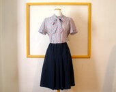 Vintage Striped Secretary Dress with Neck Tie and A-Line Skirt in Kelly Green, Red, and Navy - 70s, M