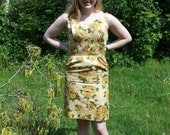 Gold 1950s Wiggle Dress/ Satin Champagne Chrysanthemums/ Bombshell/ XS Extra Small