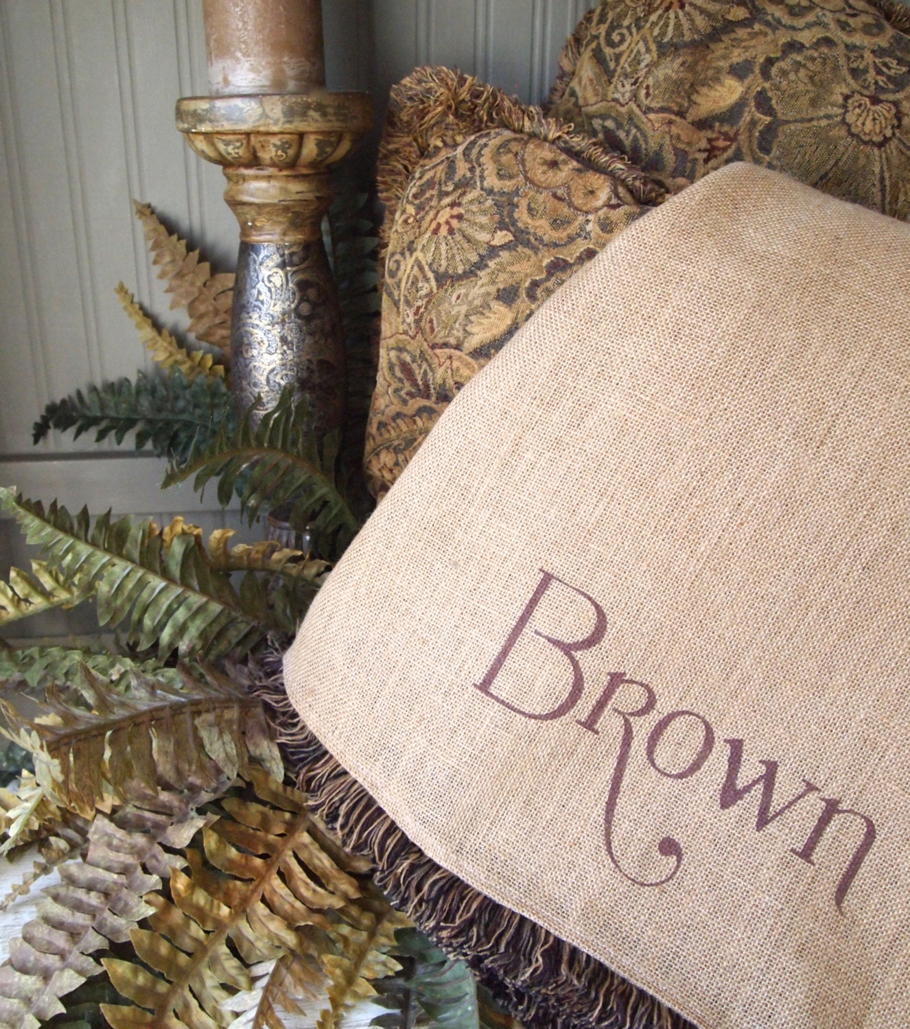 Custom name 60" natural burlap Christmas tree skirt with brush fringe
