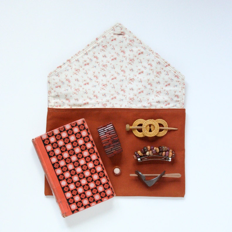 Large Copper Colored Clutch, floral lining